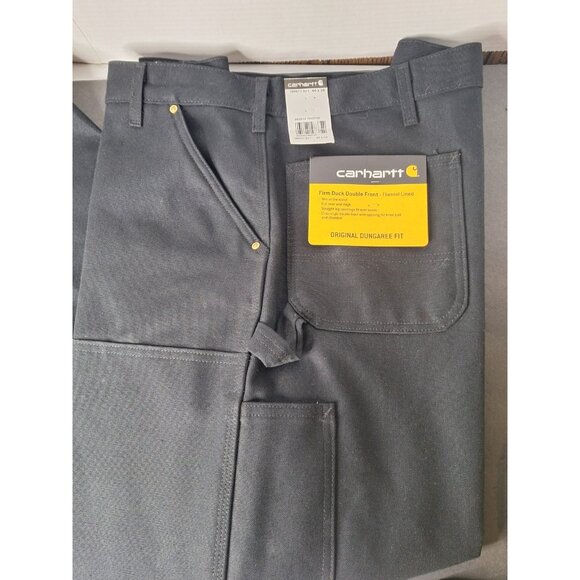 Carhartt Pants Mens 46x30 Black Duck Double Front Flannel Lined Dungaree New - Picture 2 of 12